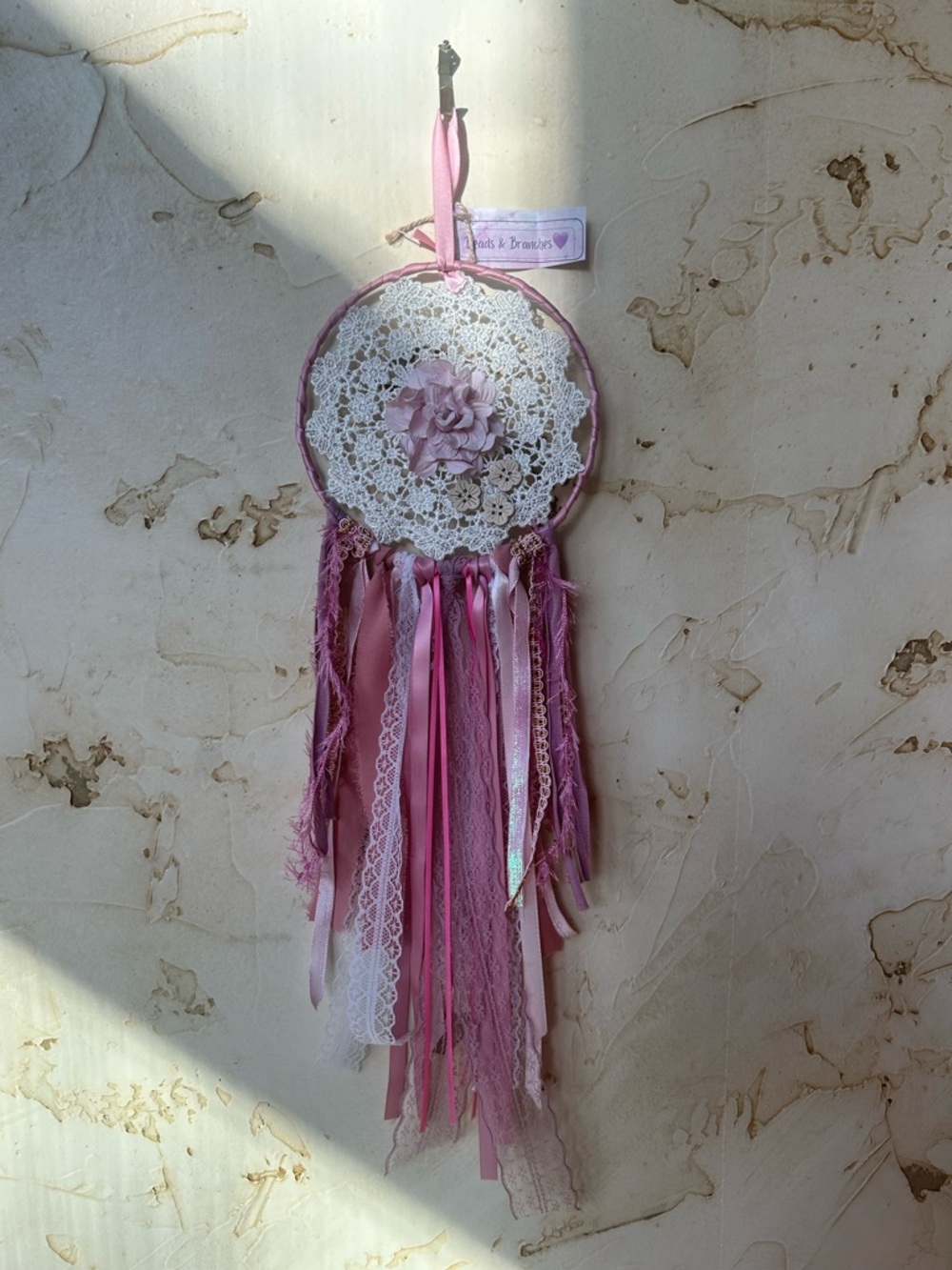 NWT Handcrafted Boho Dreamcatcher Wall Hanging Pinks Lace She Shed Baby Shower